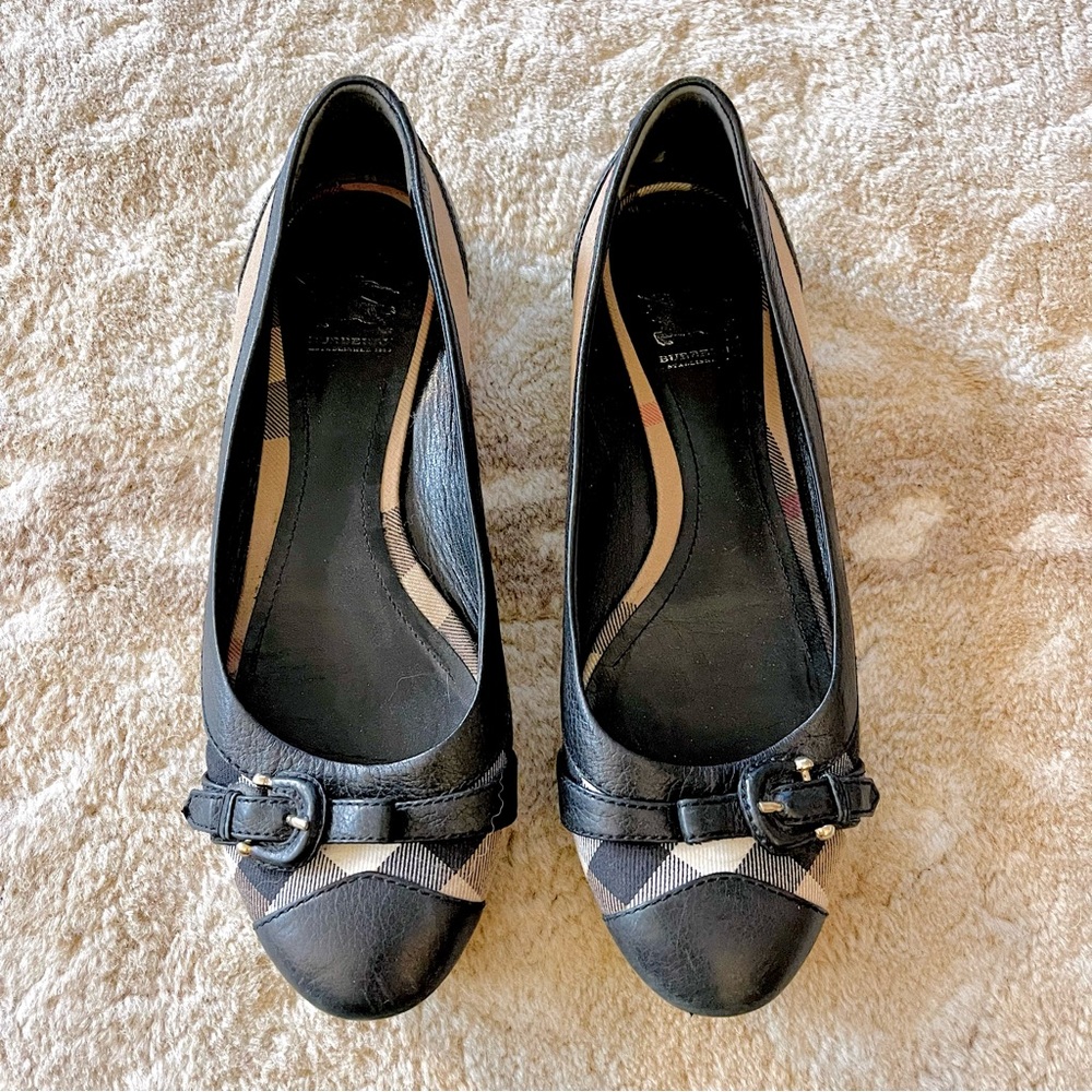 Burberry Plaid And Leather Faux Buckle Ballet Flat Shoes Size 40.5